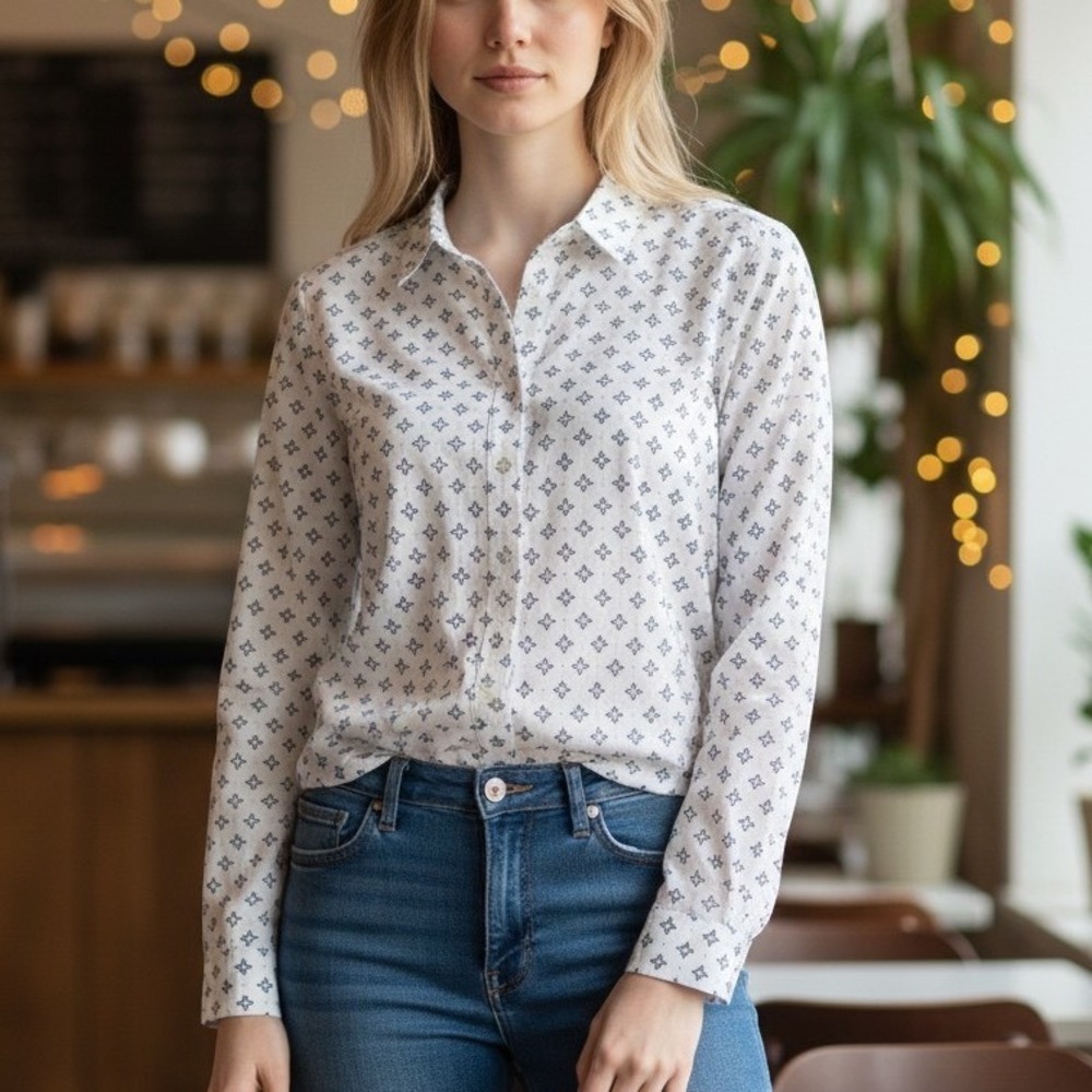 Garnet Hill White Geometric Print Organic Pima Cotton Button Down Shirt Sz 8